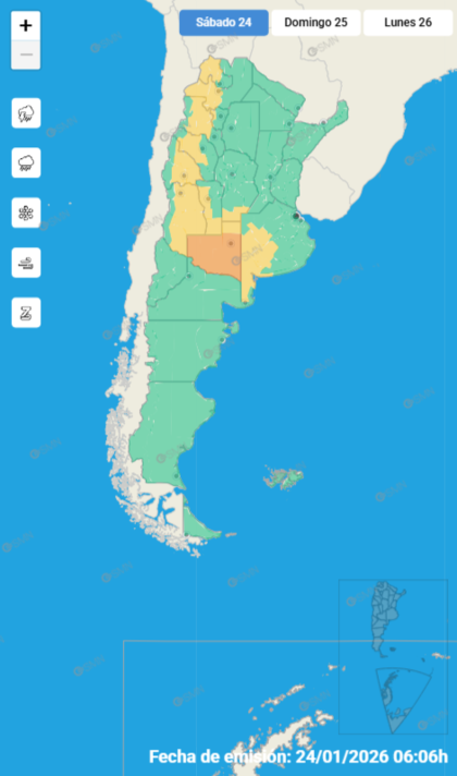 Mapa de alertas para este sábado 24 de enero.