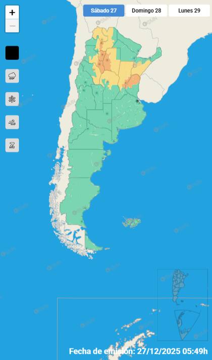 Mapa de alertas para este sábado 27 de diciembre