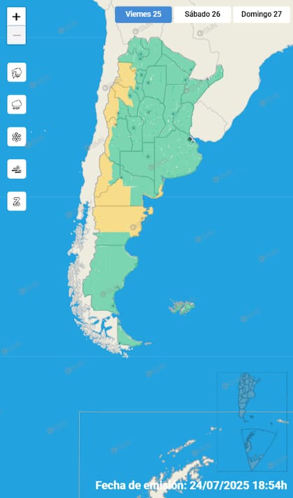 Mapa de alertas para este viernes 25 de julio