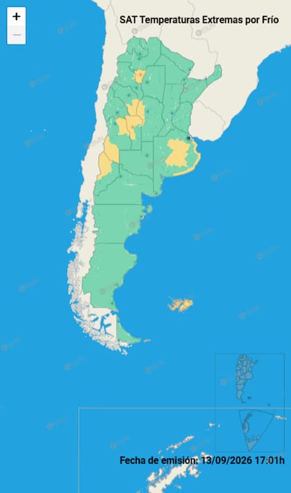 Mapa de alertas por frío extremo para este lunes 14 de septiembre