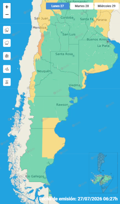Mapa de alertas por nieve, viento zonda y temporales en la Argentina