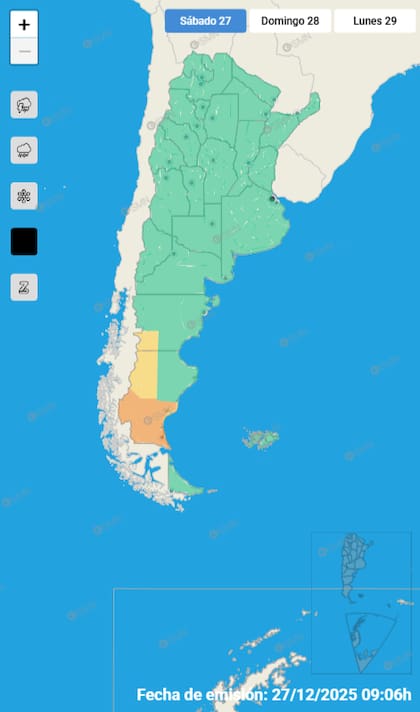 Mapa de alertas por vientos para este sábado 27 de diciembre