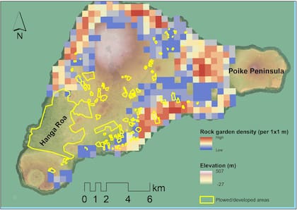Mapa de áreas urbanizadas y perturbadas agrícolamente en relación con la densidad de jardines de rocas calculada