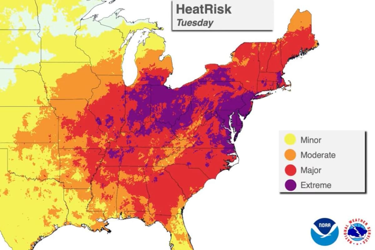Mapa de calor del Servicio Meteorológico Nacional de Estados Unidos alertando sobre la ola de calor