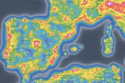 Mapa de contaminación lumínica del sur de Europa