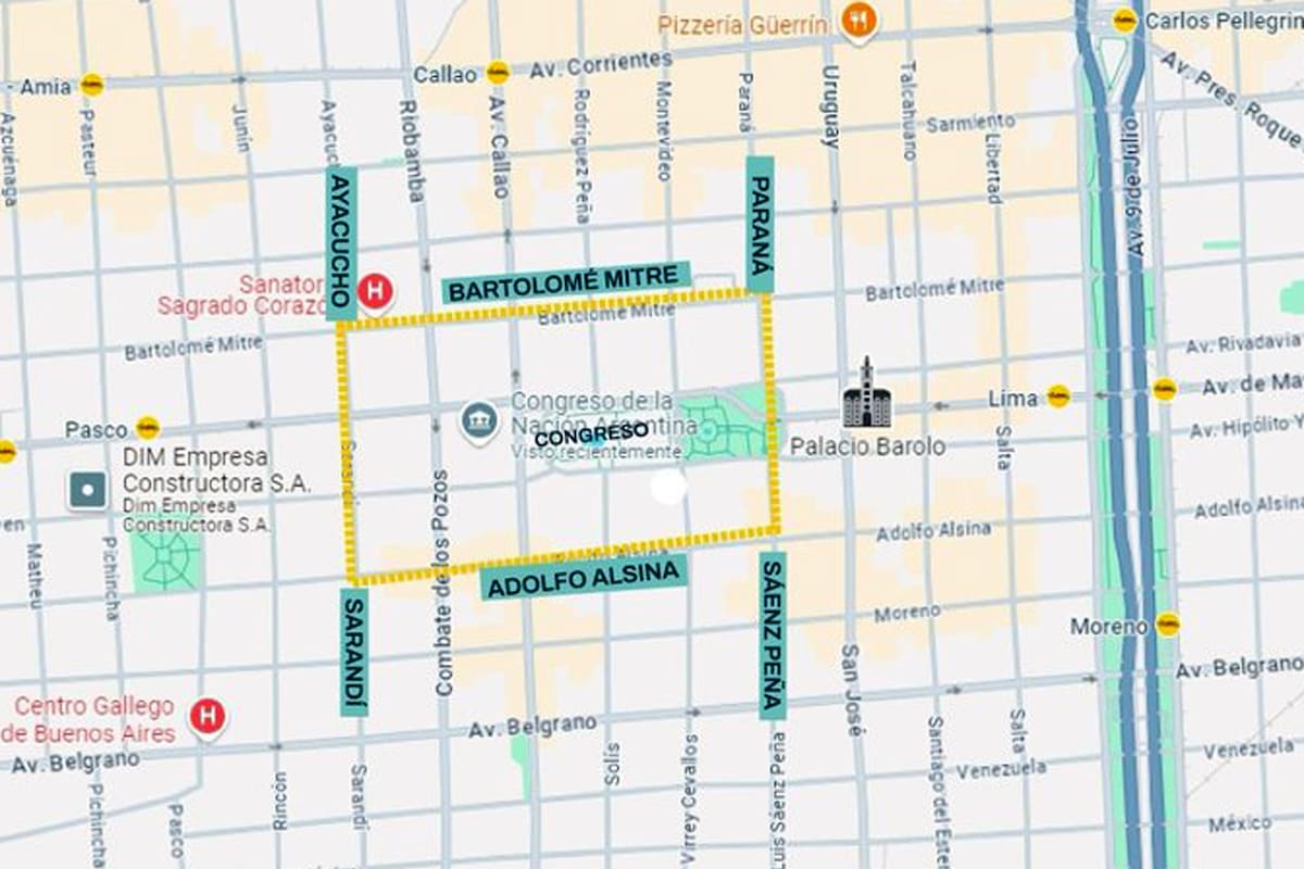 Mapa de cortes en la zona del Congreso por la marcha de jubilados