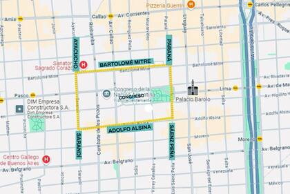 Mapa de cortes en la zona del Congreso por la marcha de jubilados