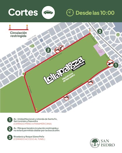 Mapa de cortes y restricciones de tránsito en la zona del Hipódromo de San Isidro por el festival Lollapalooza