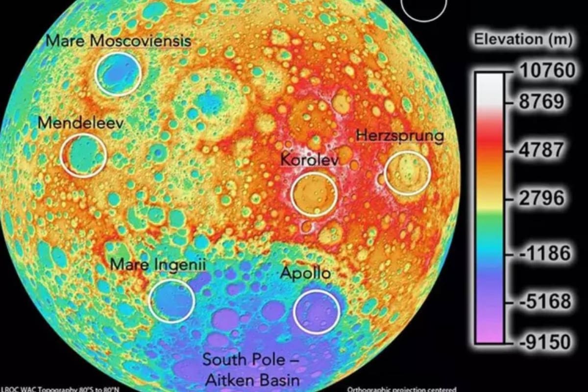 Mapa de elevación de la superficie lunar, un satélite con recursos limitados que pueden generar pujas de intereses entre naciones para su obtención