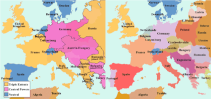 Mapa de Europa antes y después de la Primera Guerra Mundial que muestra la división del Imperio Austrohúngaro (rosa en la izquierda). (Foto: latrompetadejerico.com)