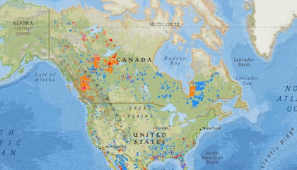 Mapa de focos de incendios en Canadá. (Fuente: mapa satelital de NASA FIRMS).