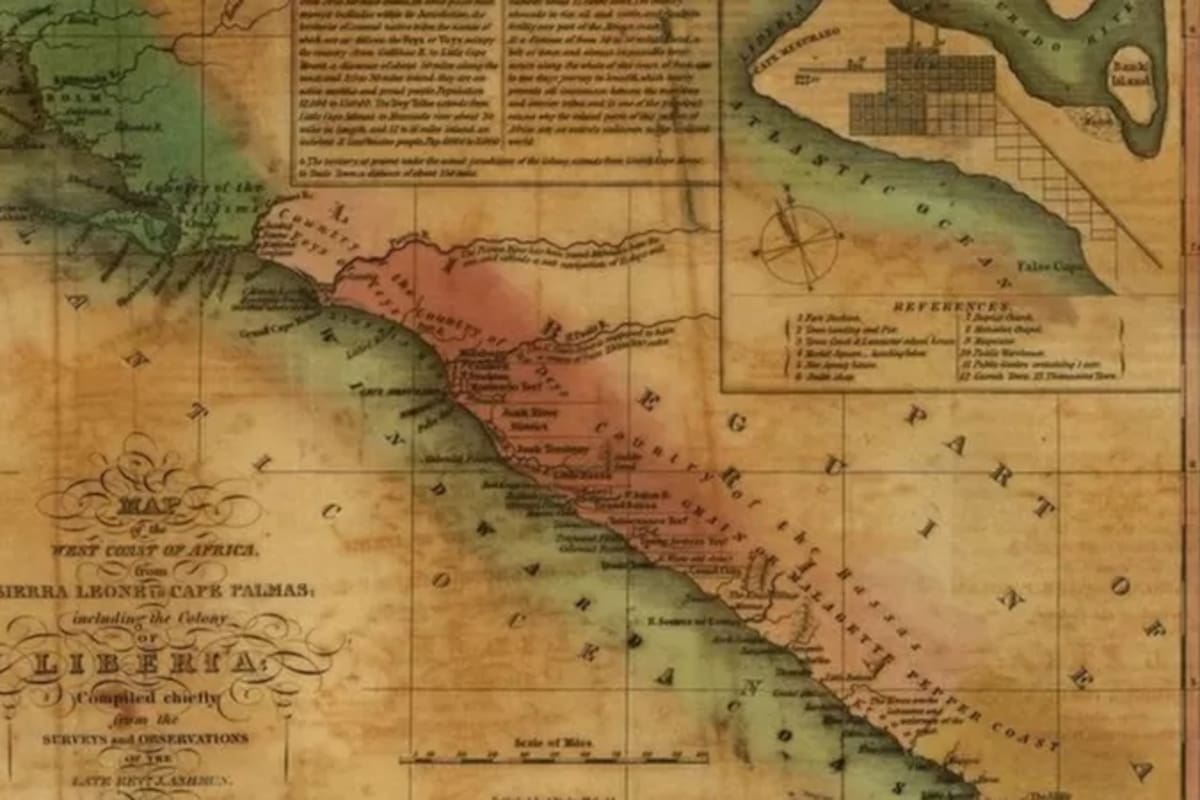 Mapa de la costa de África occidental en 1830, incluida la colonia de Liberia, que comenzó a ser colonizada por negros estadounidenses en 1822 (Foto: LIBRARY OF CONGRESS)