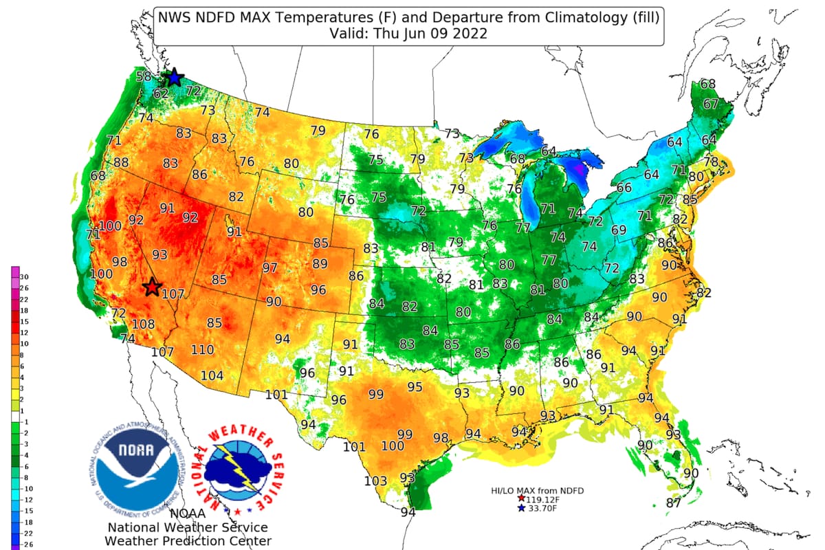 Mapa de la ola de calor en Estados Unidos
