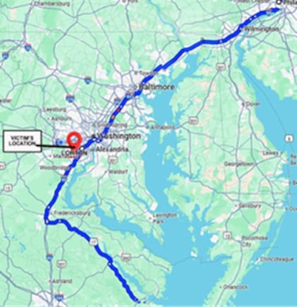 Mapa de la posible ruta de la madre de Carl Bryant y su novio, sospechosos de la muerte del niño (missingkids.org)