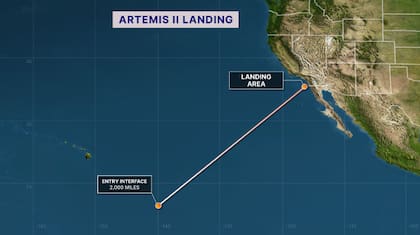 Mapa de la trayectoria terrestre que muestra la secuencia del paracaídas de la nave Artemis II Orion