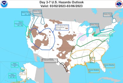 Mapa de las amenazas por clima extremo en Estados Unidos para los próximos días