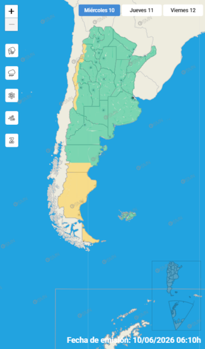 Mapa de las provincias bajo alerta amarilla del SMN