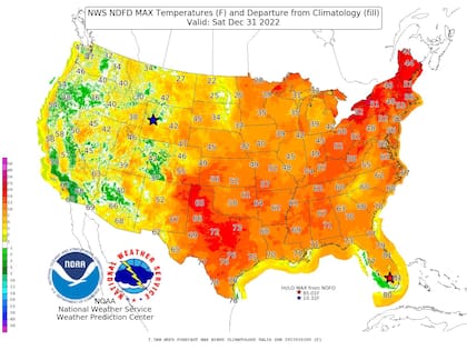 Mapa de las temperaturas máximas esperadas durante el fin de semana en Estados Unidos