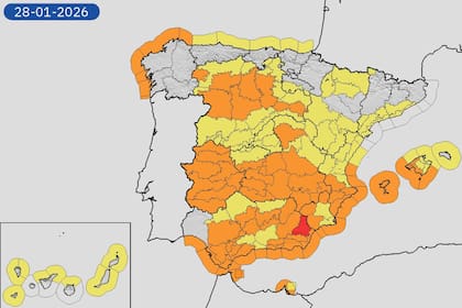 Mapa de las zonas más afectadas por el temporal en España, provista por la Agencia Estatal de Meteorología. Fuente: X