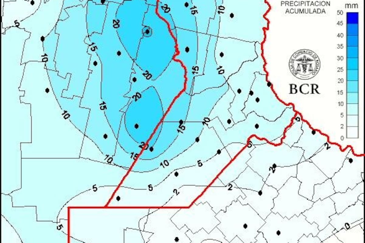 Mapa de lluvias en la región núcleo que comprende el sur de Santa Fe, el sudeste de Córdoba y el norte bonaerense