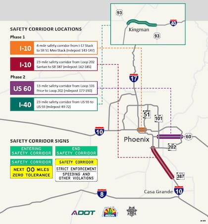 Mapa de los corredores de seguridad en Arizona. Foto: Arizona Department of Transportation