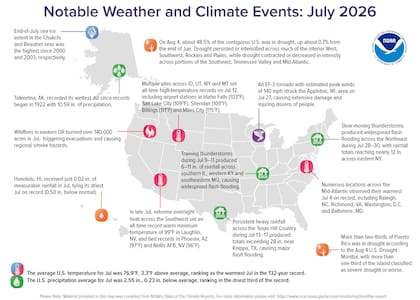Mapa de los eventos meteorológicos y climáticos más destacados de Estados Unidos en julio