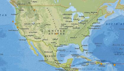 Mapa de los sismos ocurridos en Estados Unidos y el Caribe en las últimas 24 horas