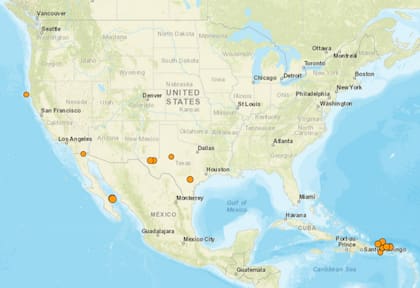 Mapa de los sismos ocurridos en Estados Unidos y el Caribe el 9 de febrero