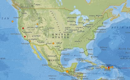 Mapa de los sismos ocurridos en Estados Unidos y el Caribe en las últimas 24 horas