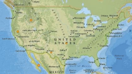 Mapa de los sismos ocurridos en Estados Unidos y el Caribe el 7 de febrero