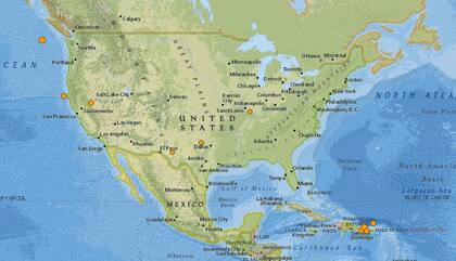 Mapa de los sismos ocurridos en Estados Unidos y el Caribe en las últimas 24 horas