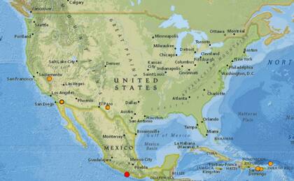 Mapa de los sismos ocurridos en Estados Unidos y el Caribe el 13 de febrero