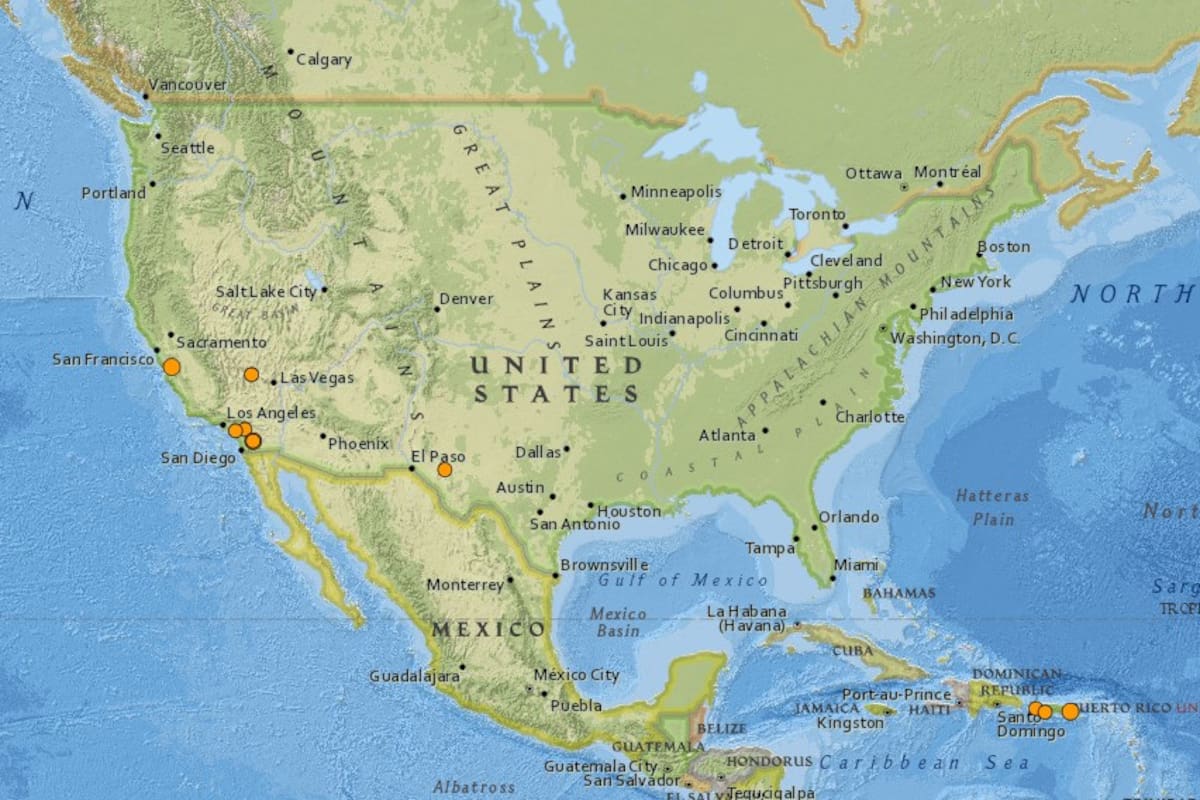 Mapa de los sismos ocurridos en Estados Unidos y el Caribe en las últimas 24 horas