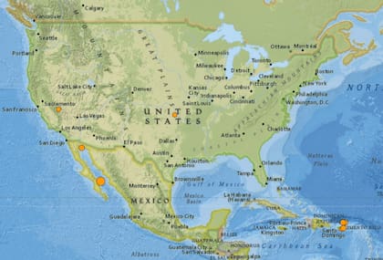 Mapa de los sismos ocurridos en Estados Unidos y el Caribe el 15 de febrero