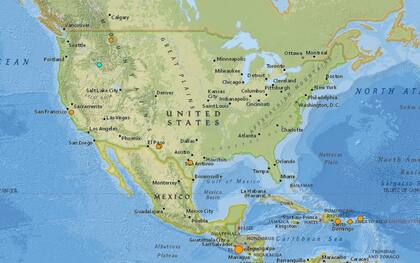 Mapa de los sismos ocurridos en Estados Unidos y el Caribe en las últimas 24 horas