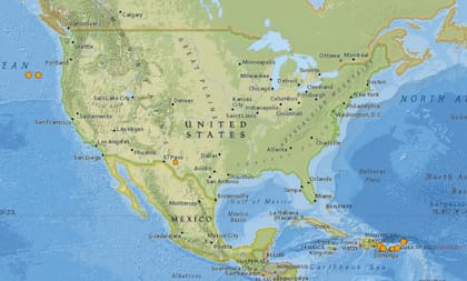 Mapa de los sismos ocurridos en Estados Unidos y el Caribe en las últimas 24 horas