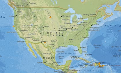 Mapa de los sismos ocurridos en Estados Unidos y el Caribe en las últimas 24 horas