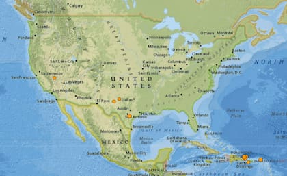 Mapa de los sismos ocurridos en Estados Unidos y el Caribe el 20 de febrero