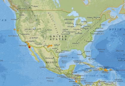 Mapa de los sismos ocurridos en Estados Unidos y el Caribe en las últimas 24 horas