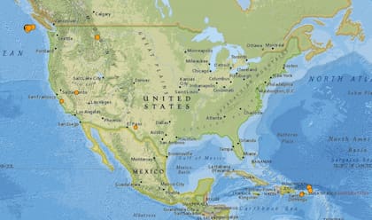 Mapa de los sismos ocurridos en Estados Unidos y el Caribe en las últimas 24 horas