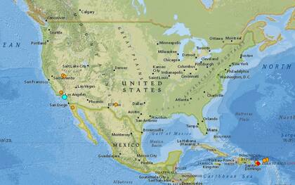 Mapa de los sismos ocurridos en Estados Unidos y el Caribe en las últimas 24 horas