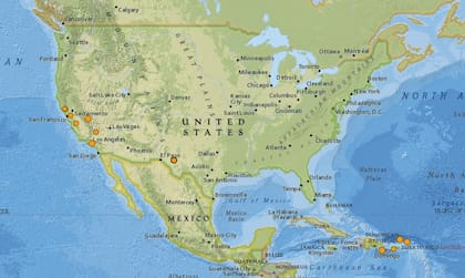 Mapa de los sismos ocurridos en Estados Unidos y el Caribe en las últimas 24 horas