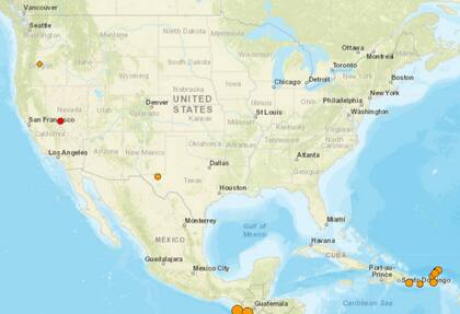 Mapa de los temblores que se registraron en América del Norte y el Caribe el 15 de diciembre