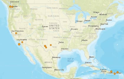 Mapa de los temblores que se registraron en América del Norte y el Caribe el 13 de enero