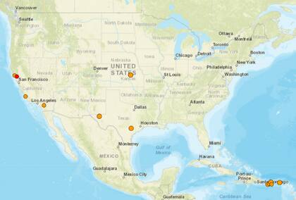 Mapa de los temblores que se registraron en América del Norte y el Caribe el 1° de enero