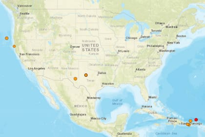 Mapa de los temblores que se registraron en América del Norte y el Caribe el 14 de diciembre