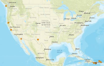 Mapa de los temblores que se registraron en América del Norte y el Caribe el 17 de enero