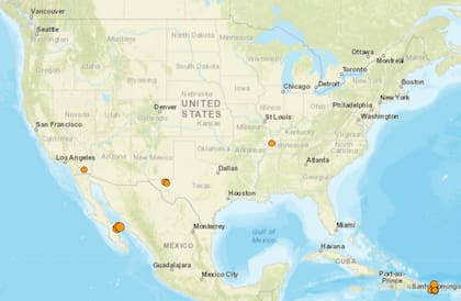 Mapa de los temblores que se registraron en América del Norte y el Caribe el 24 de enero