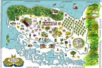 Mapa de Macondo según un grupo de artistas que lo diseñó para la 28ª Feria Internacional del Libro de Bogotá (Filbo) en 2015. La feria dedicó un pabellón de 3.000 metros cuadrados a esta aldea imaginaria y lanzó el hashtag #MacondoSomosTodos