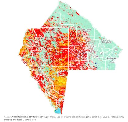 Mapa de NDDI. Los colores indican cada categoría: color rojo: severo; naranja: alto; amarillo: moderado, verde: leve